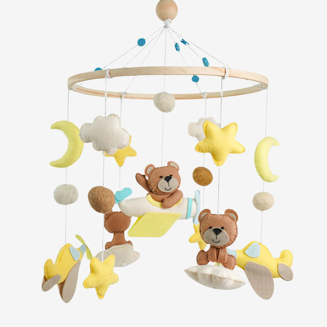 Teddy on a Plane Cot Mobile & Bunting Combo