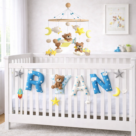 Teddy on a Plane Cot Mobile & Bunting Combo