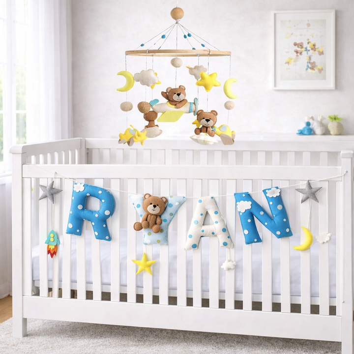 Teddy on a Plane Cot Mobile & Bunting Combo