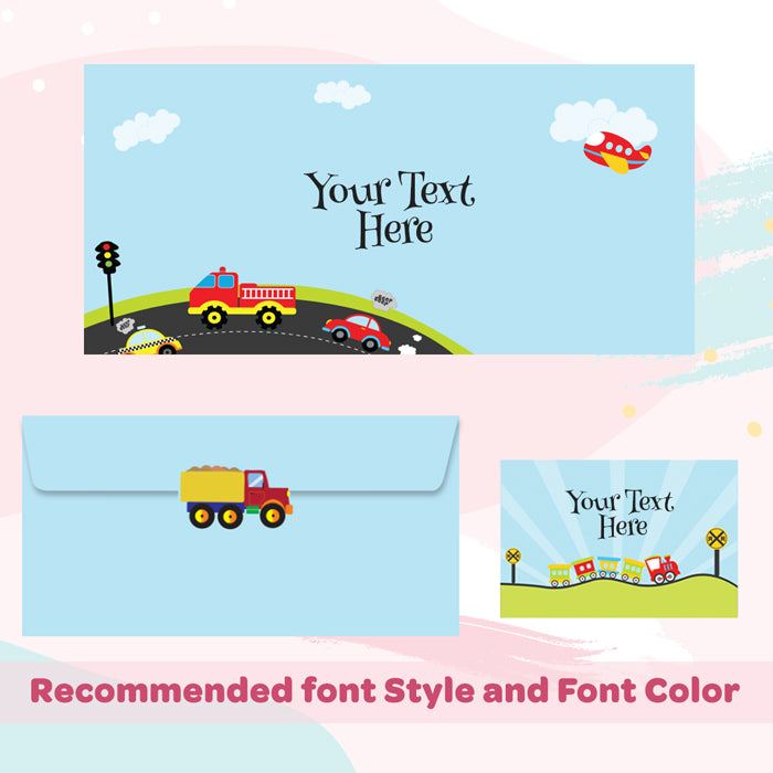 PERSONALISED GIFT ENVELOPES, CARDS & STICKERS COMBO -  TRANSPORT, SET OF 130