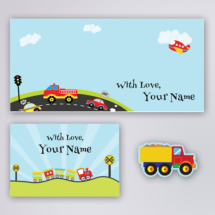 PERSONALISED GIFT ENVELOPES, CARDS & STICKERS COMBO -  TRANSPORT, SET OF 130