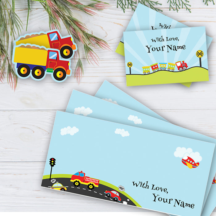 PERSONALISED GIFT ENVELOPES, CARDS & STICKERS COMBO -  TRANSPORT, SET OF 130