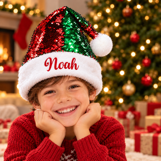 Twinkle & Shine Personalised Luxe Sequins Santa Caps - (Green And Red)