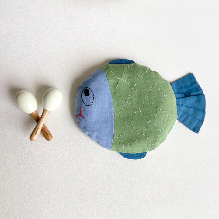 NEWBORN GIFT SET - ORGANIC MUSTARD SEED FISH PILLOW + MARACAS