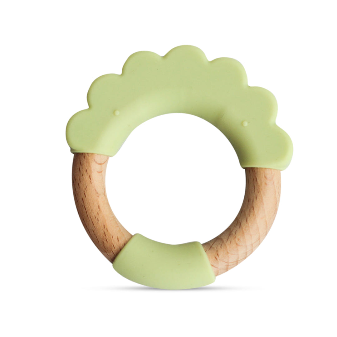 Wood + Silicone Teether Ring - LION Shape- Green