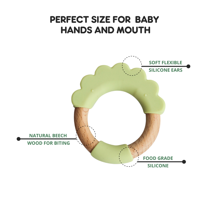 Wood + Silicone Teether Ring - LION Shape- Green