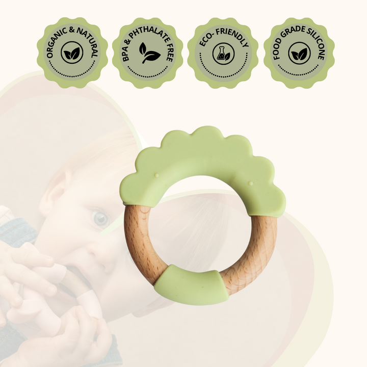 Wood + Silicone Teether Ring - LION Shape- Green