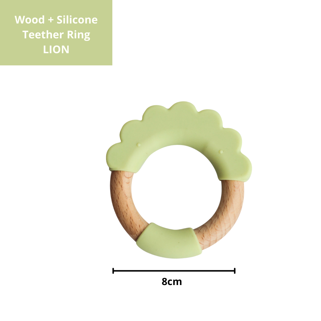 Wood + Silicone Teether Ring - LION Shape- Green