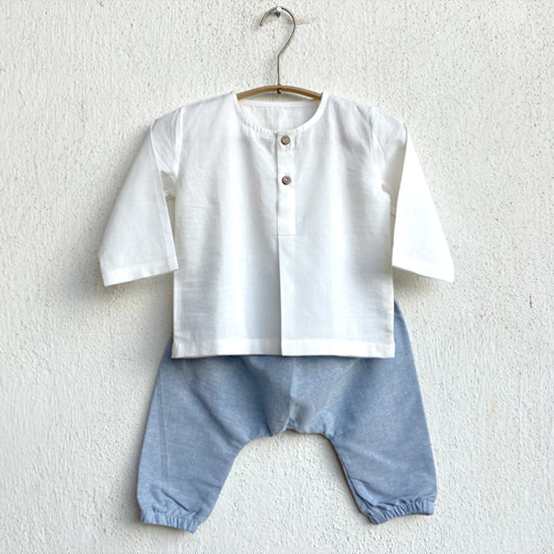 UNISEX ORGANIC ESSENTIAL WHITE KURTA + BLUE CHAMBRAY PANTS