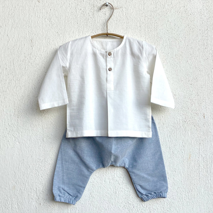UNISEX ORGANIC ESSENTIAL WHITE KURTA + BLUE CHAMBRAY PANTS