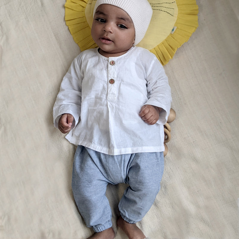 UNISEX ORGANIC ESSENTIAL WHITE KURTA + BLUE CHAMBRAY PANTS
