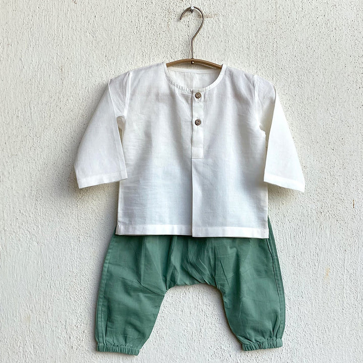 UNISEX ORGANIC ESSENTIAL WHITE KURTA + MINT PANTS