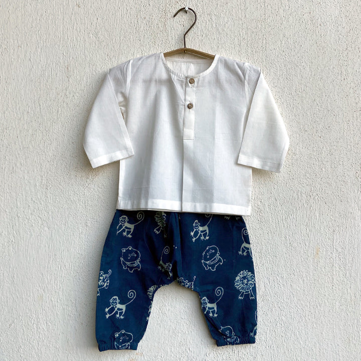 UNISEX ORGANIC WHITE KURTA + ZOO PRINT INDIGO PANTS