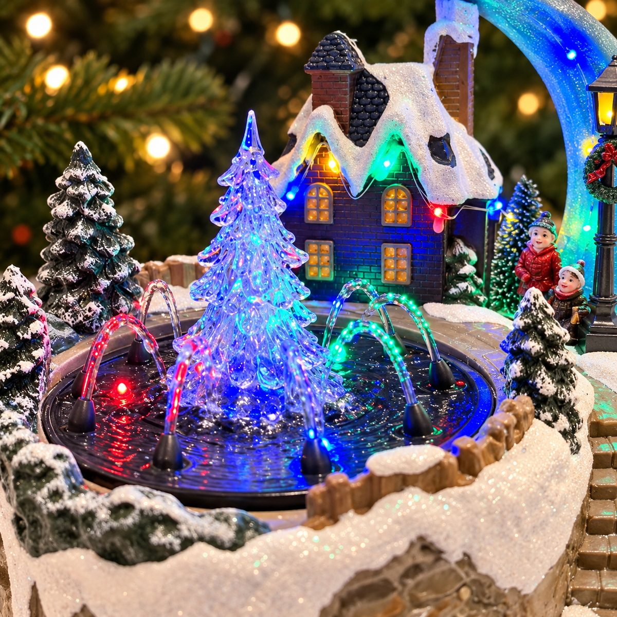 Water Fountain Santa Sleigh Christmas Village