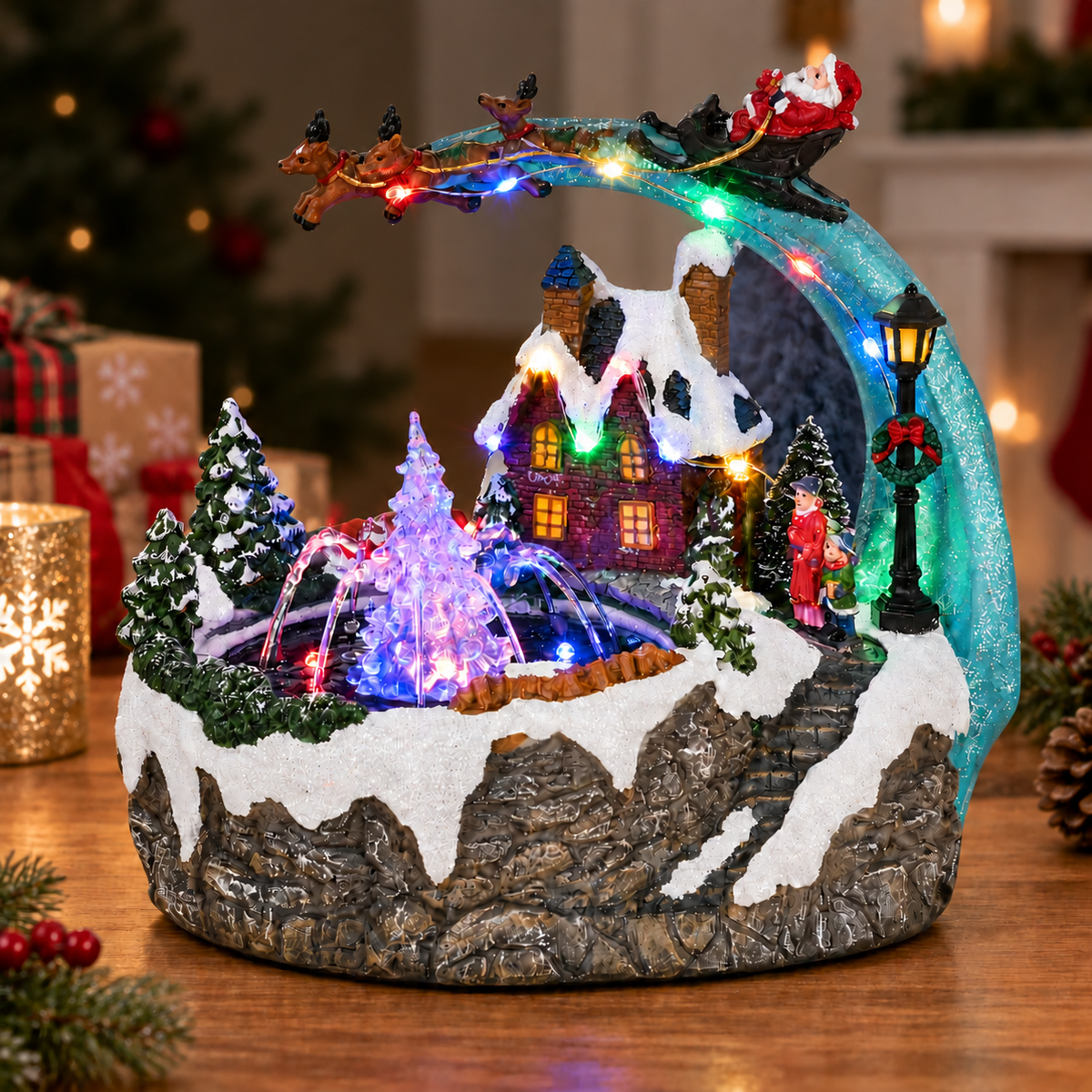 Water Fountain Santa Sleigh Christmas Village