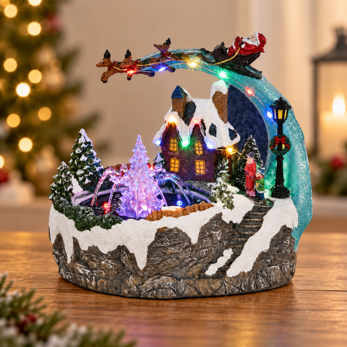 Water Fountain Santa Sleigh Christmas Village