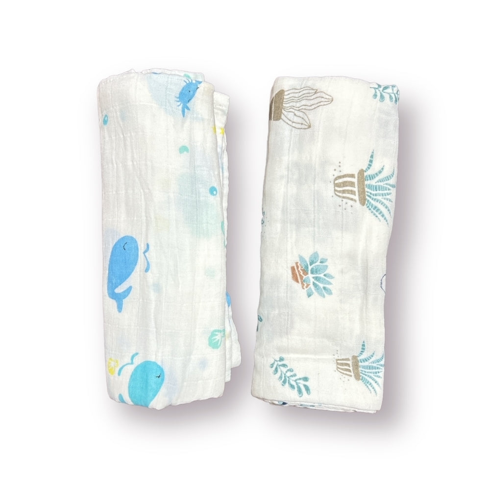 Whale & Leaf Muslin Swaddles - Set of 2