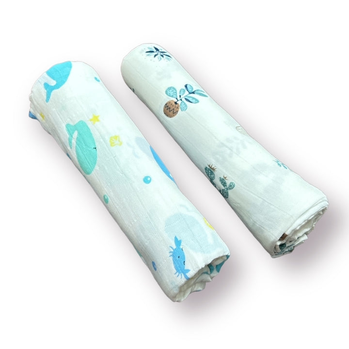 Whale & Leaf Muslin Swaddles - Set of 2