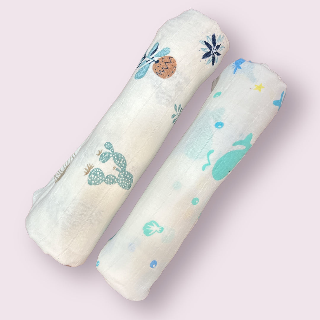 Whale & Leaf Muslin Swaddles - Set of 2