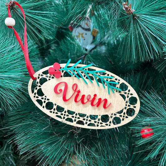 Babble Wrap Rattan Tag Ornament - Oval (with wood in middle)