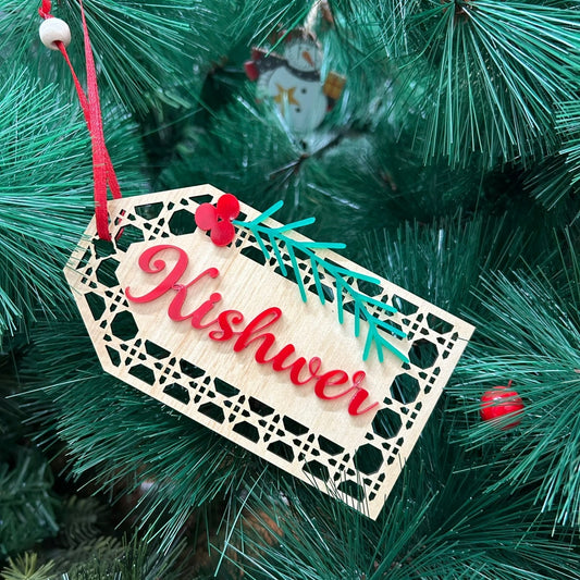 Babble Wrap Rattan Tag Ornament - Six-sided (with wood in middle)