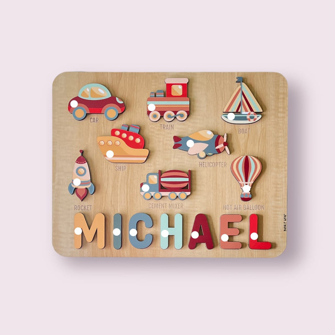 Personalised Wooden Name Puzzle- Transport