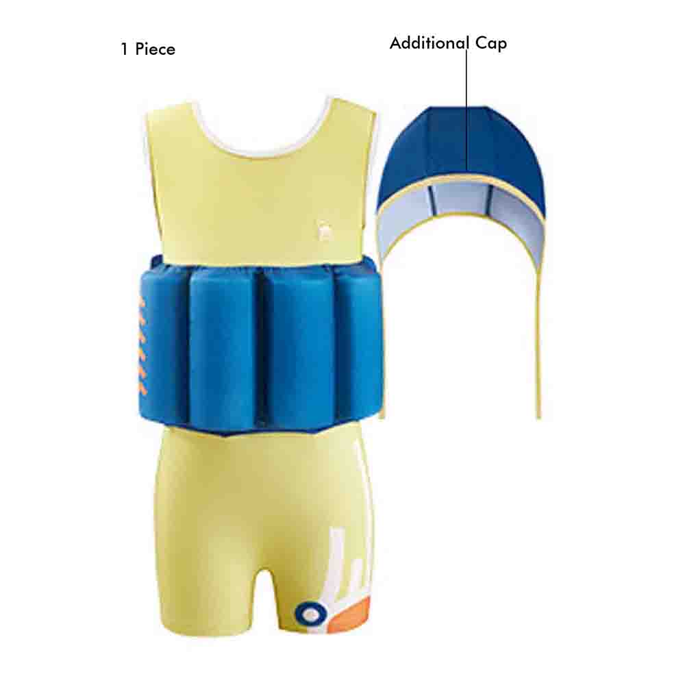 Yellow & Blue Kids Swimsuit with attached Swim Floats + Tie Up Cap in UPF 50+