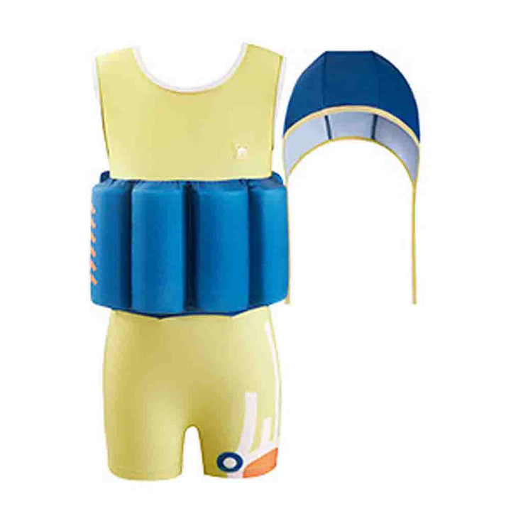 Yellow & Blue Kids Swimsuit with attached Swim Floats + Tie Up Cap in UPF 50+