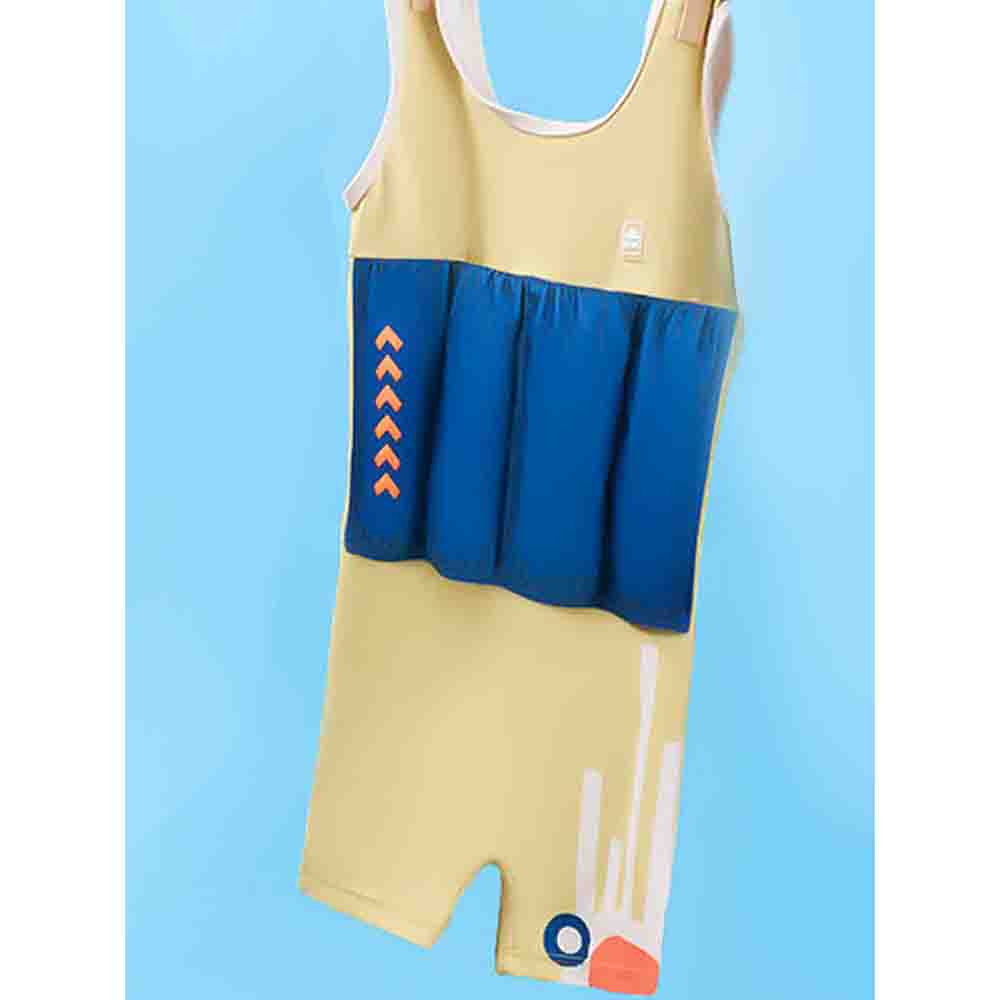 Yellow & Blue Kids Swimsuit with attached Swim Floats + Tie Up Cap in UPF 50+