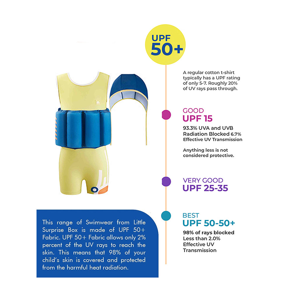 Yellow & Blue Kids Swimsuit with attached Swim Floats + Tie Up Cap in UPF 50+