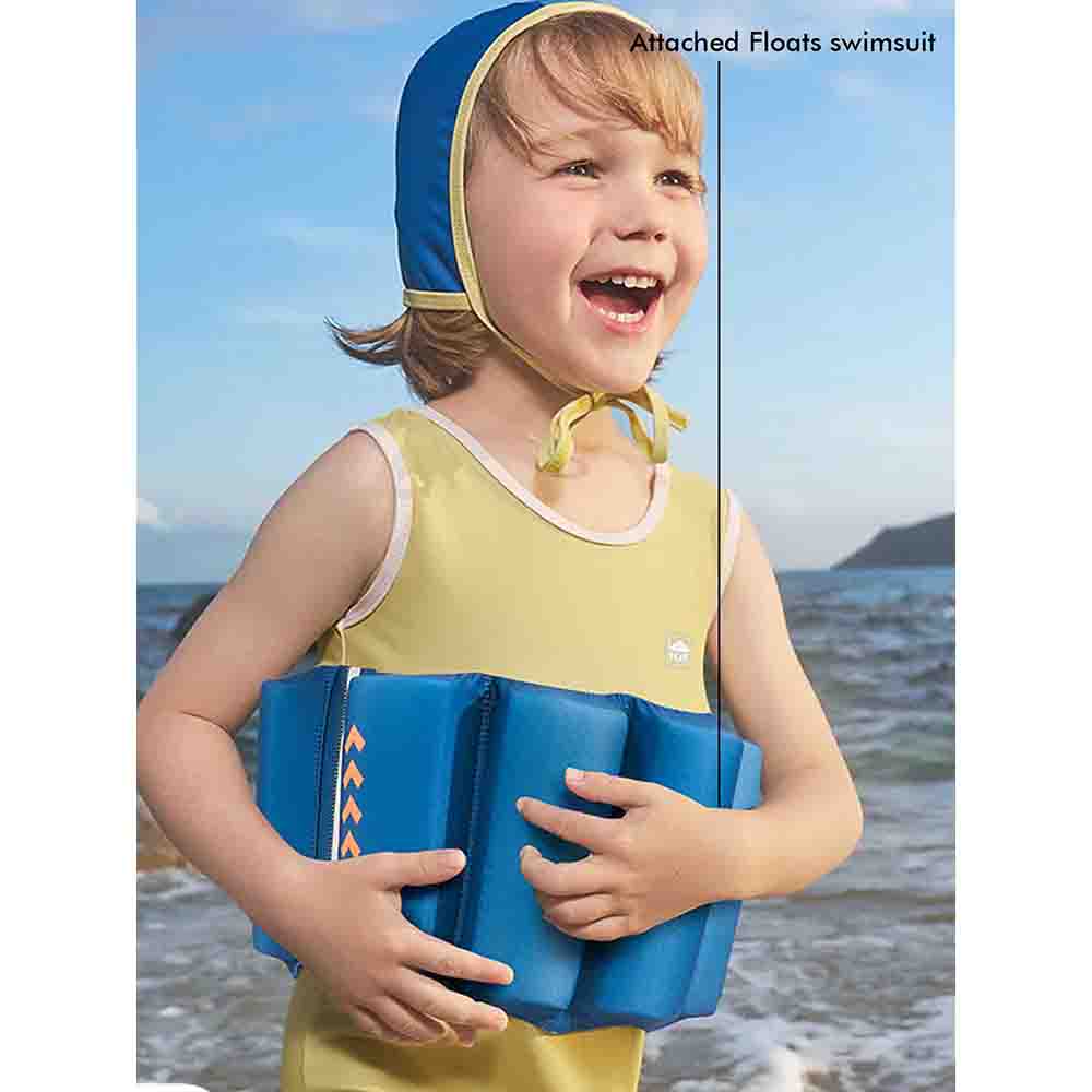 Yellow & Blue Kids Swimsuit with attached Swim Floats + Tie Up Cap in UPF 50+