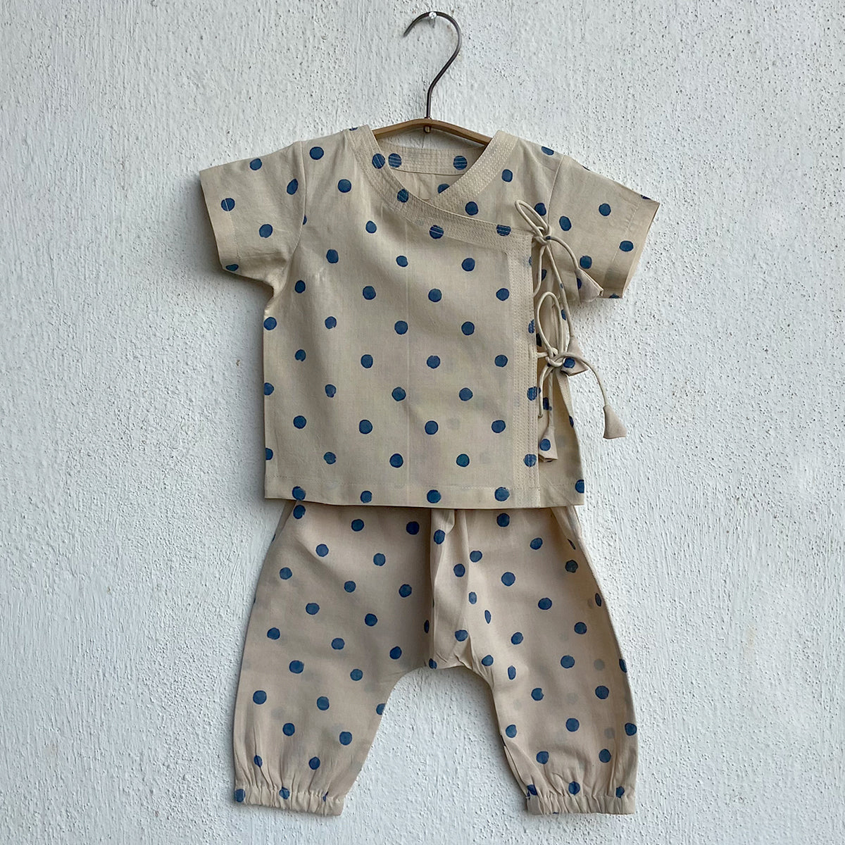UNISEX ORGANIC INDIGO POLKA ANGRAKHA WITH MATCHING PANTS