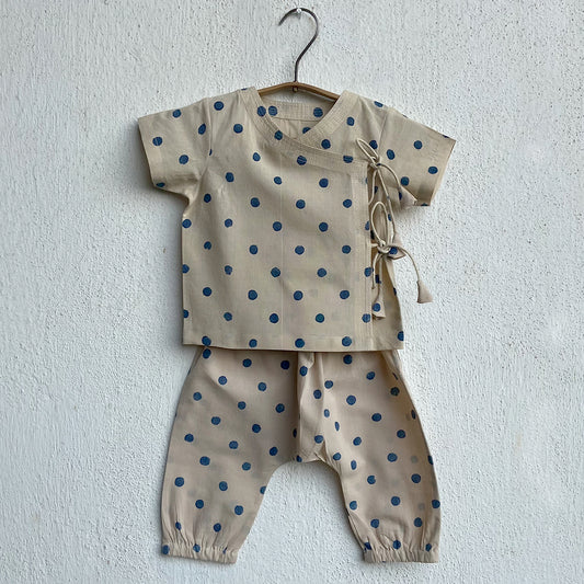 UNISEX ORGANIC INDIGO POLKA ANGRAKHA WITH MATCHING PANTS