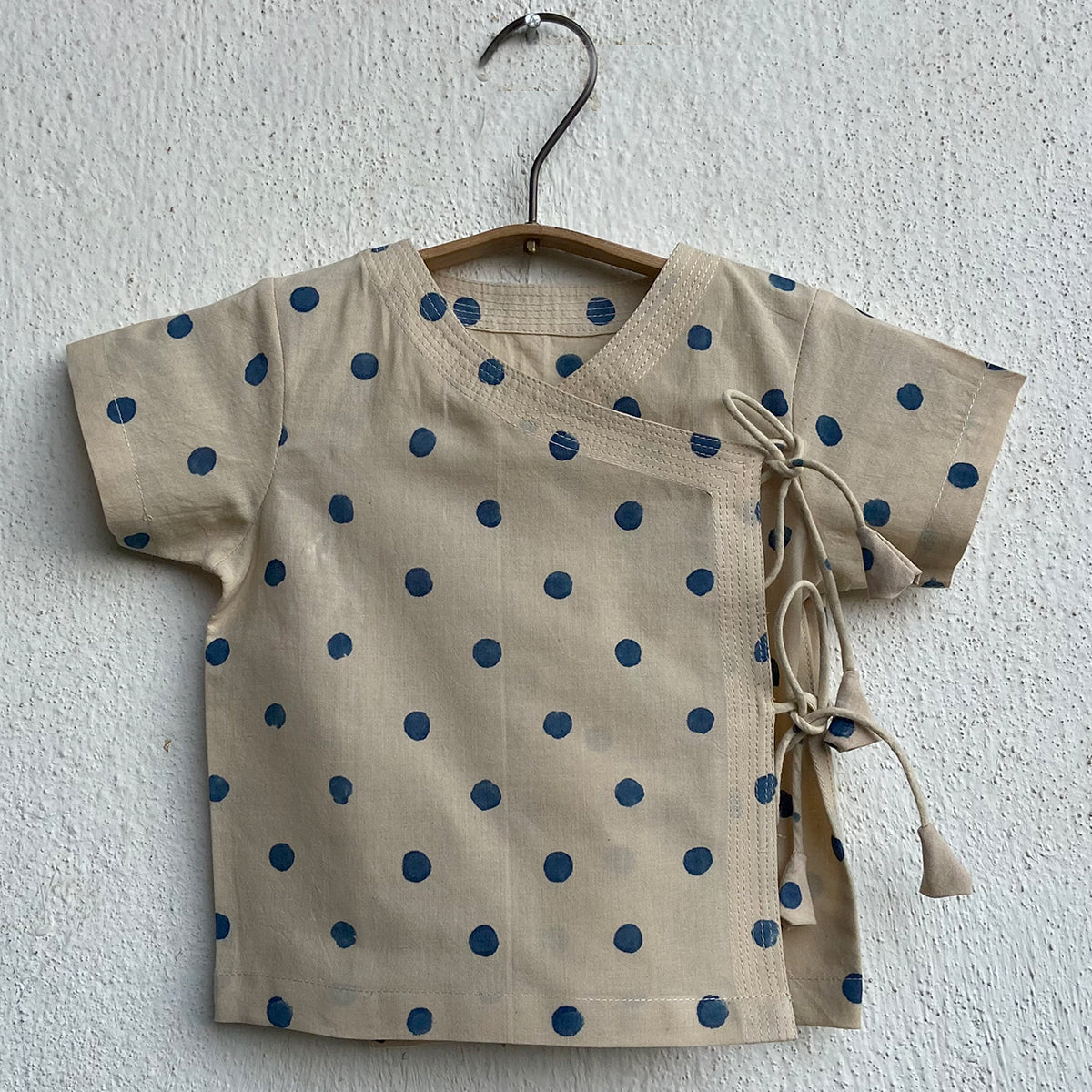 UNISEX ORGANIC INDIGO POLKA ANGRAKHA WITH MATCHING PANTS