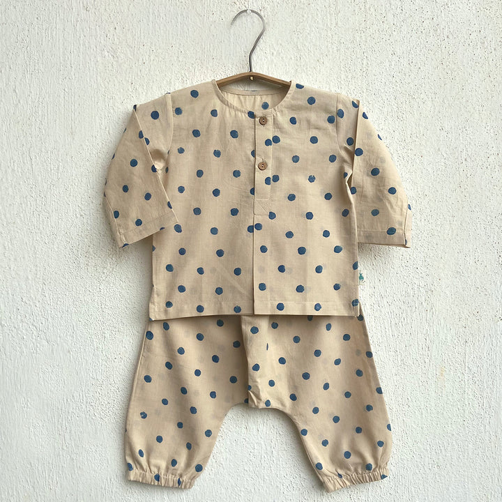 UNISEX ORGANIC INDIGO POLKA KURTA WITH MATCHING PANTS