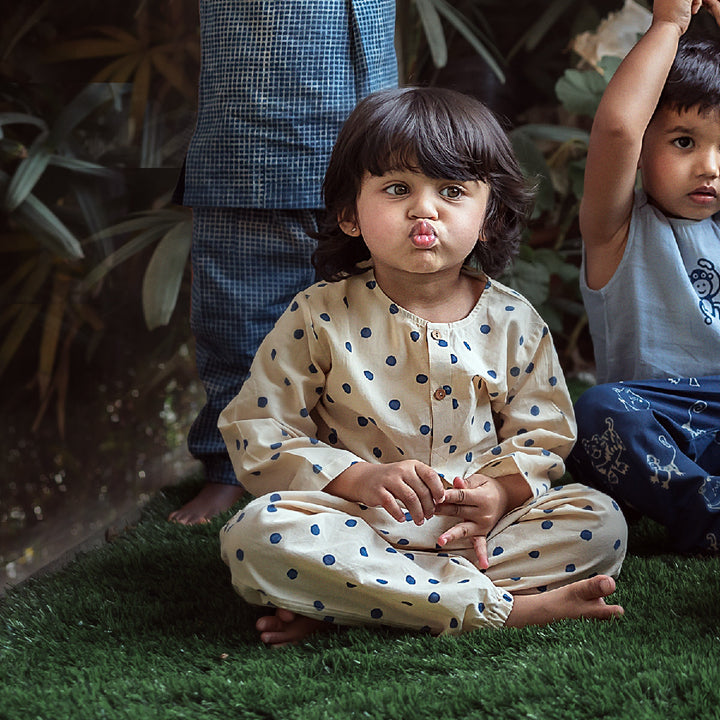 UNISEX ORGANIC INDIGO POLKA KURTA WITH MATCHING PANTS