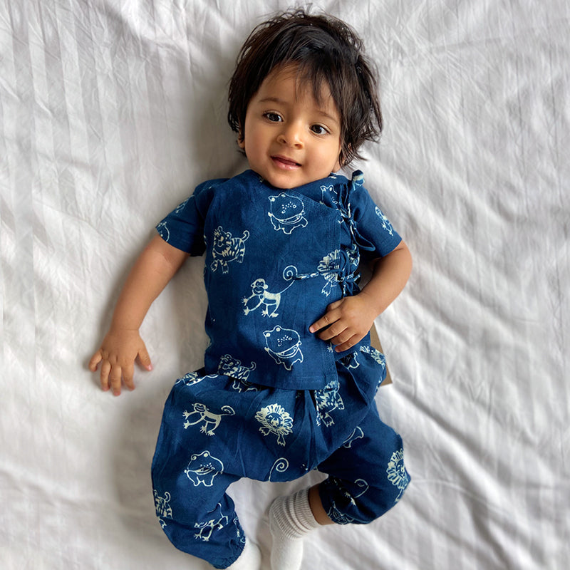 UNISEX ORGANIC ZOO PRINT INDIGO ANGARAKHA TOP + PANTS