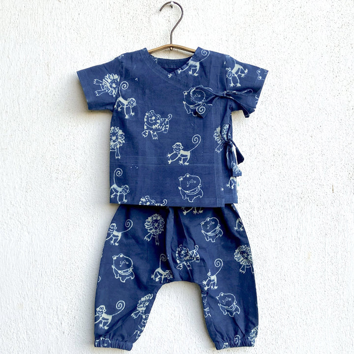 UNISEX ORGANIC ZOO PRINT INDIGO ANGARAKHA TOP + PANTS