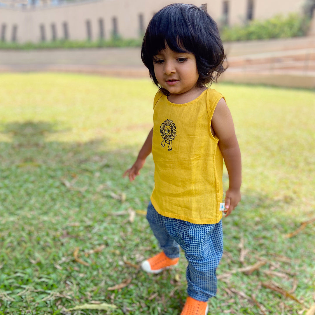 UNISEX ORGANIC ZOO BAG - YELLOW JHABLA + INDIGO CHECK ANGARAKHA + PANTS