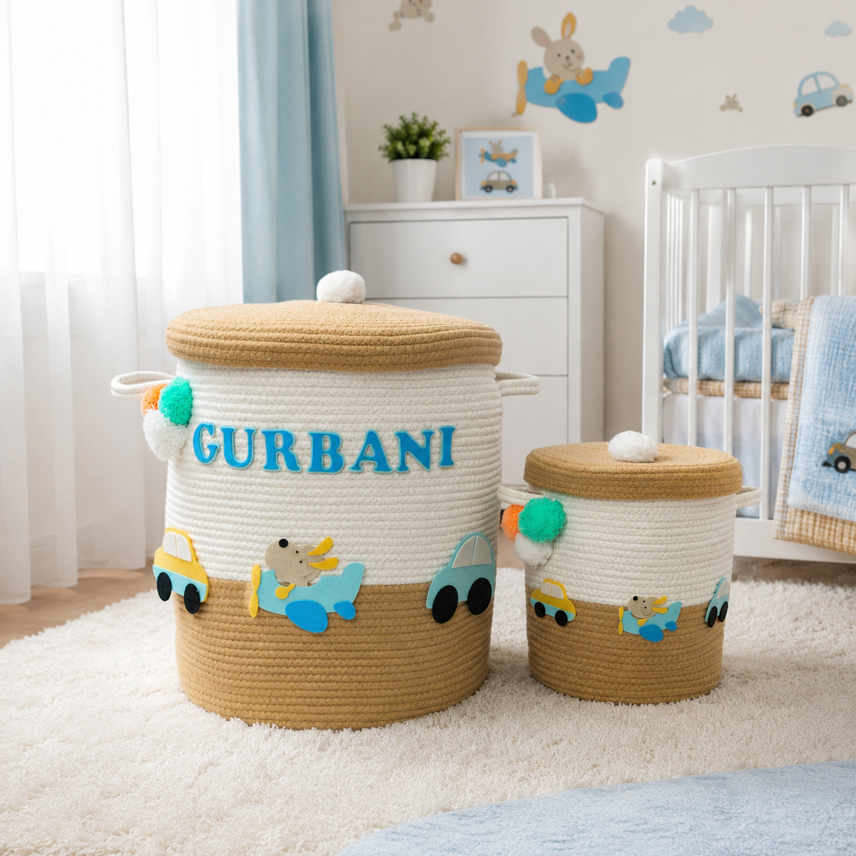 Babble Wrap Jute Cotton Storage Basket with Lid-Wings & Wheels Wonderland