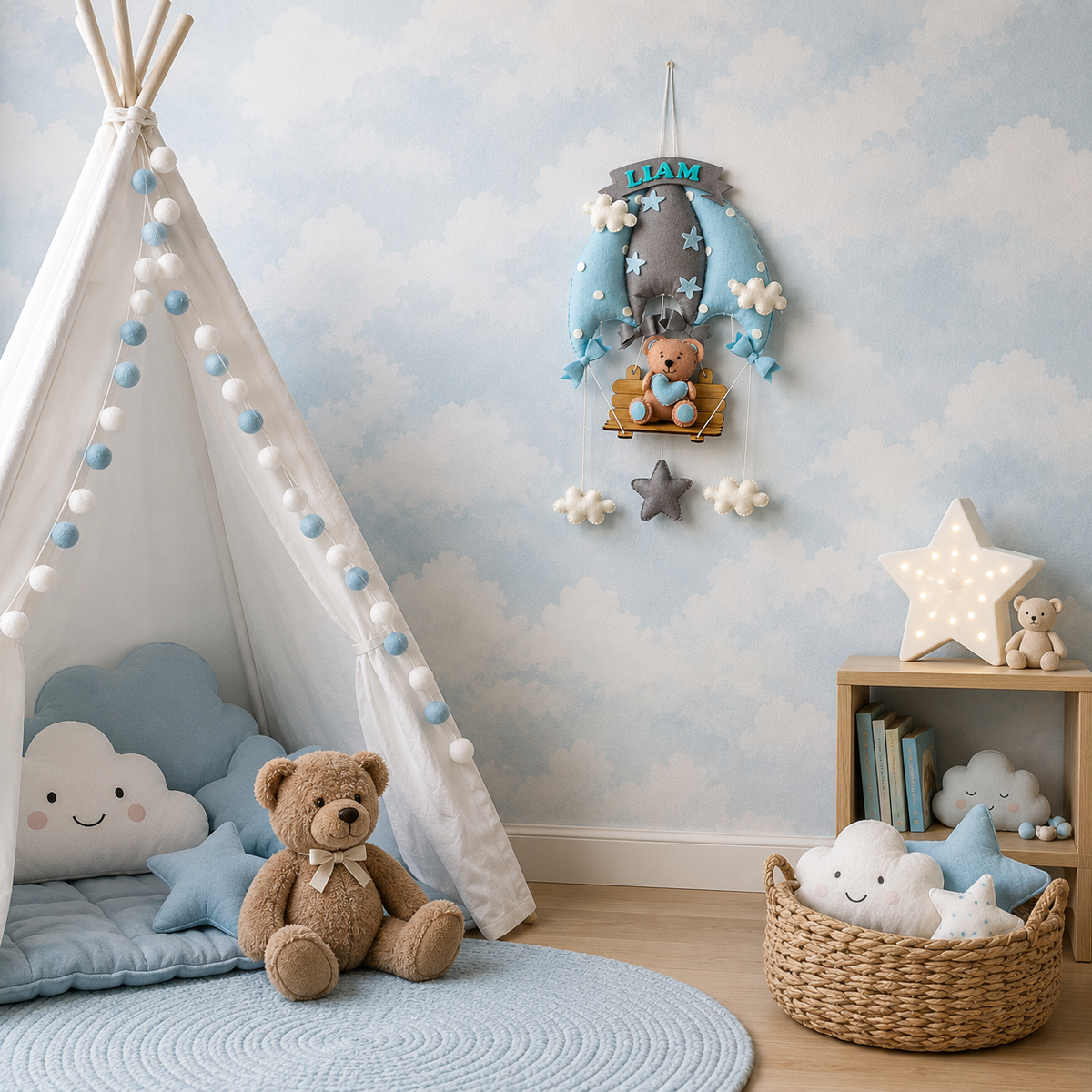 Babble Wrap Blue Teddy On a Swing Name Hanging