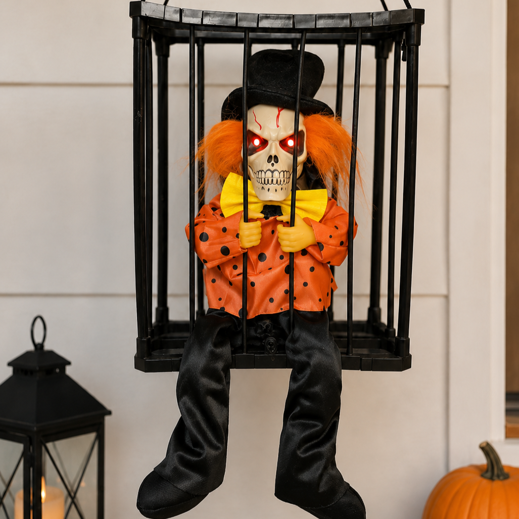 Animated Hanging Skeleton Cage – Evil Jester