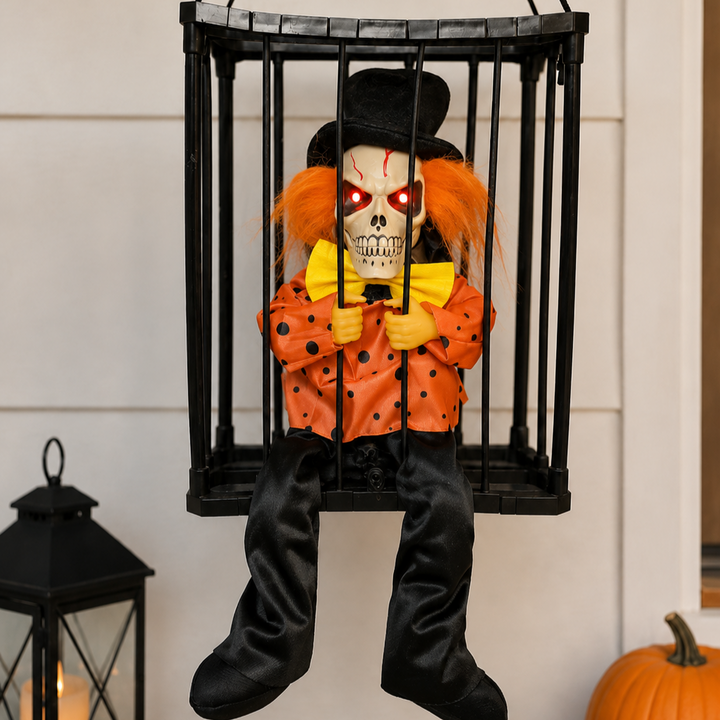Animated Hanging Skeleton Cage – Evil Jester