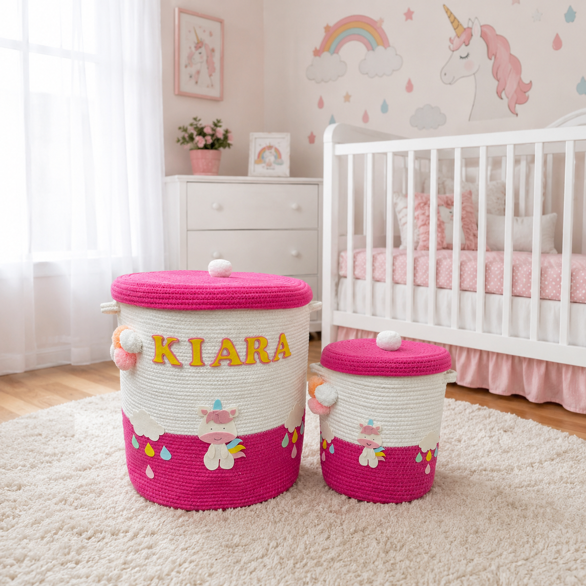 Babble Wrap Jute Cotton Storage Basket with Lid-Rainbow Unicorn Delight