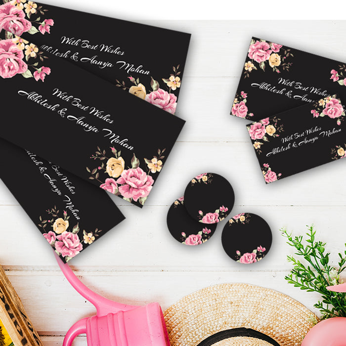 PERSONALISED GIFT ENVELOPES, CARDS & STICKERS COMBO -  BLACK ROSE, SET OF 130