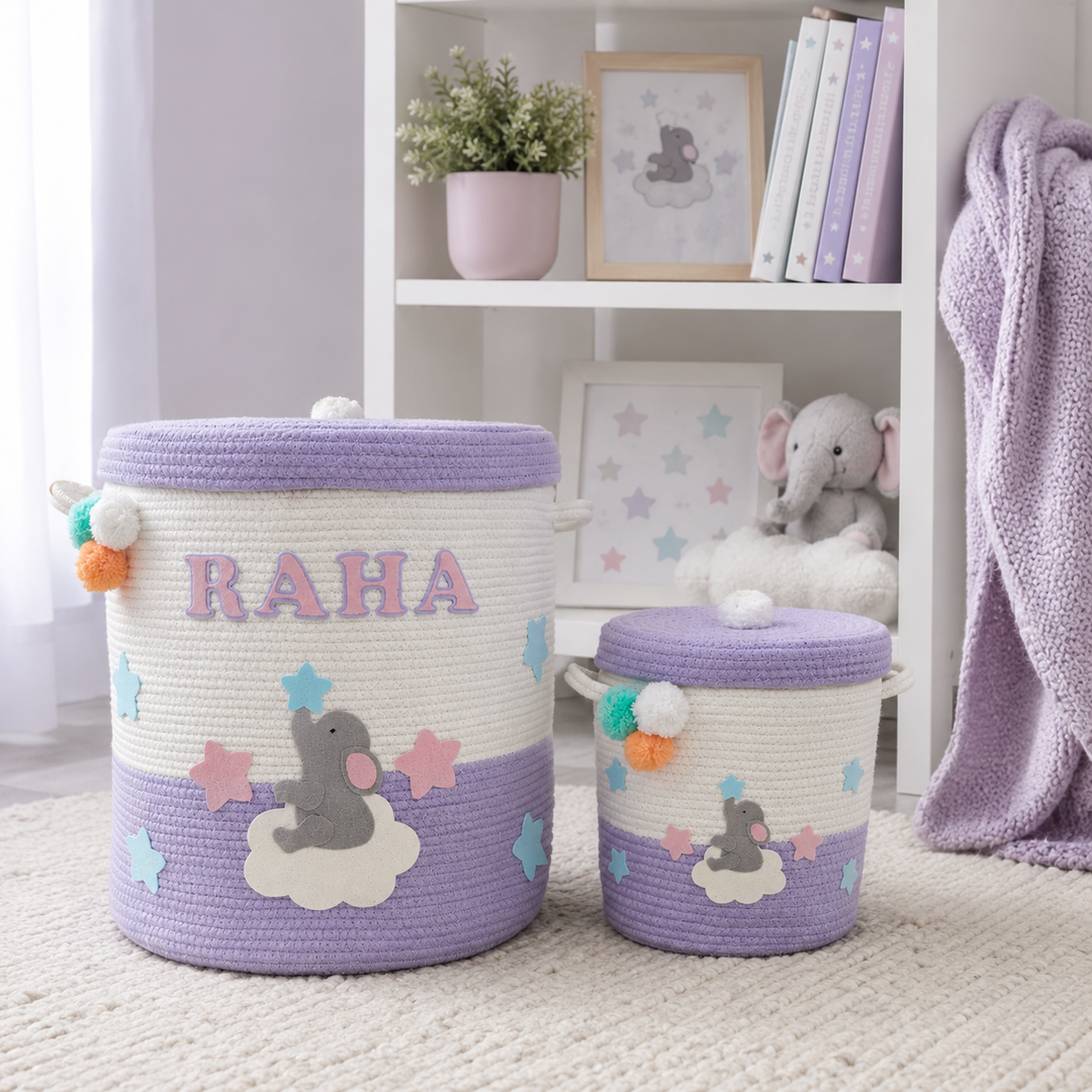 Babble Wrap Jute Cotton Storage Basket with Lid- Ellie on a cloud