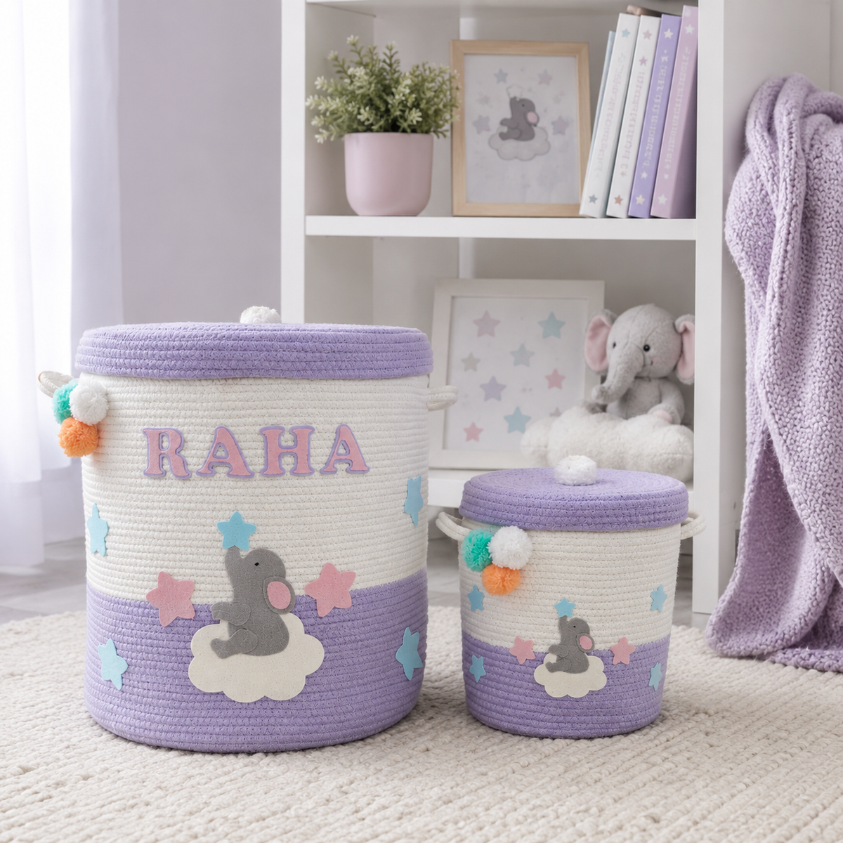Babble Wrap Jute Cotton Storage Basket with Lid- Ellie on a cloud