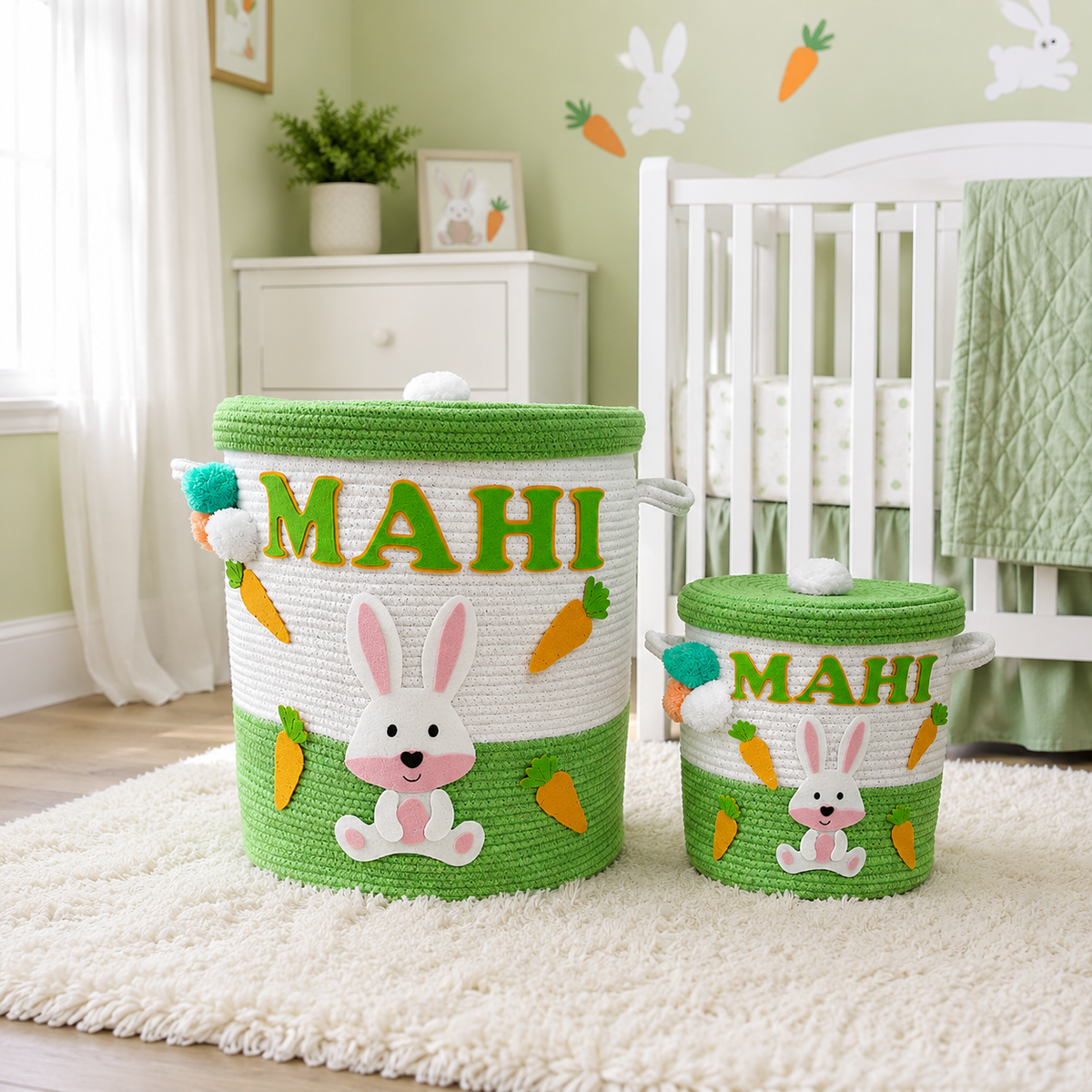Babble Wrap Jute Cotton Storage Basket  with Lid -Bunny Bounty
