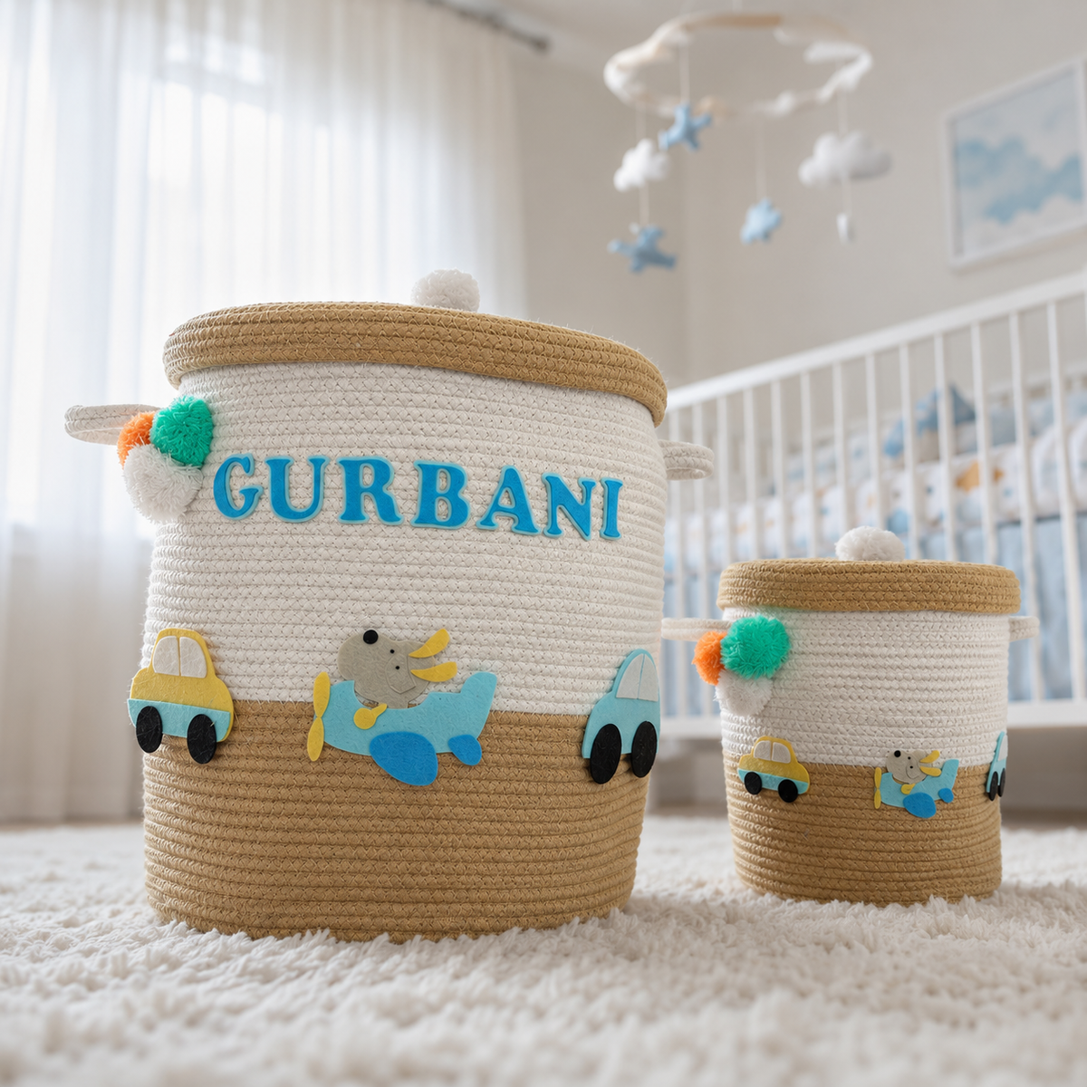 Babble Wrap Jute Cotton Storage Basket with Lid-Wings & Wheels Wonderland