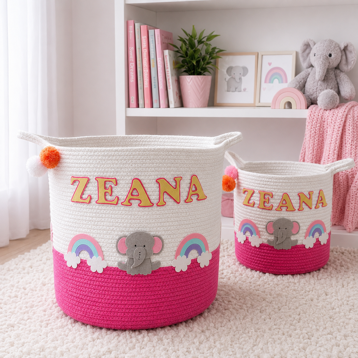 Babble Wrap Jute Cotton Storage Basket - Elephant’s Magical Rainbow